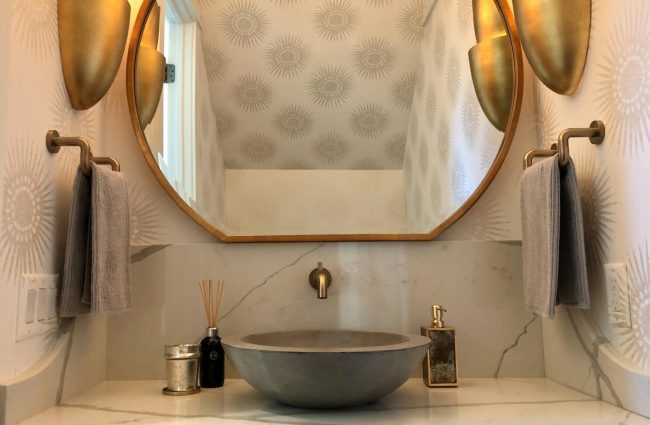 Brizo Fixtures, Currey & Co Sconces, and Thibaut Wallpaper. By Christina Morris Design Custom Bathroom Vanity