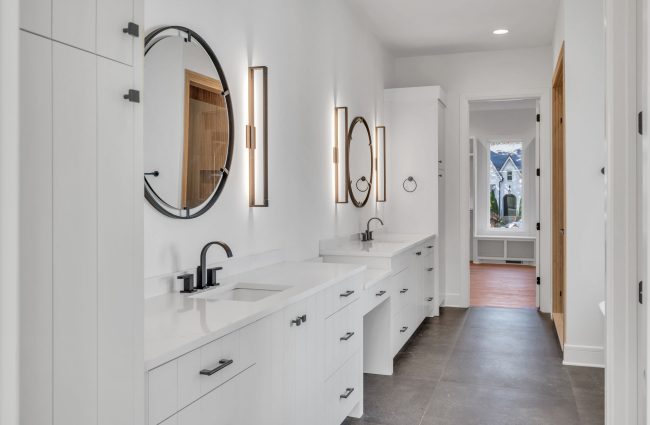 Primary Bathroom with Painted White Cabinets by Christina Morris Design Primary Bathroom with Painted White Cabinets