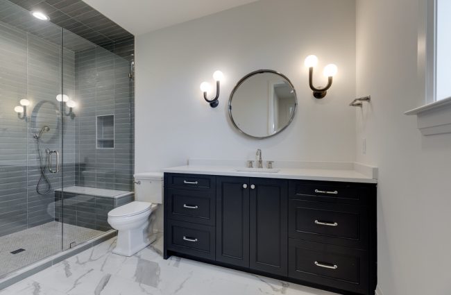 Secondary Bathroom with Large Black Vanity by Christina Morris Design Secondary Bathroom with Large Black Vanity