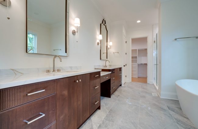 Primary Bathroom with Stained Cabinetry by Christina Morris Design Primary Bathroom with Stained Cabinetry