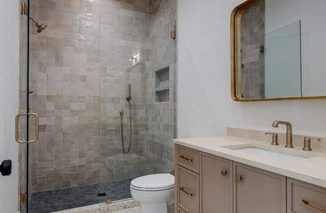 Secondary Bathroom with Terrazzo Tile by Christina Morris Secondary Bathroom with Terrazzo Tile