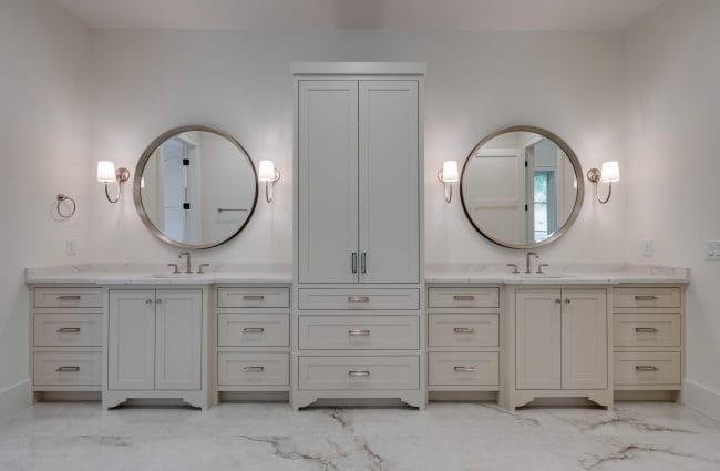 Primary Bath with Marble Floor by Christina Morris Design Primary Bath with Marble Floor