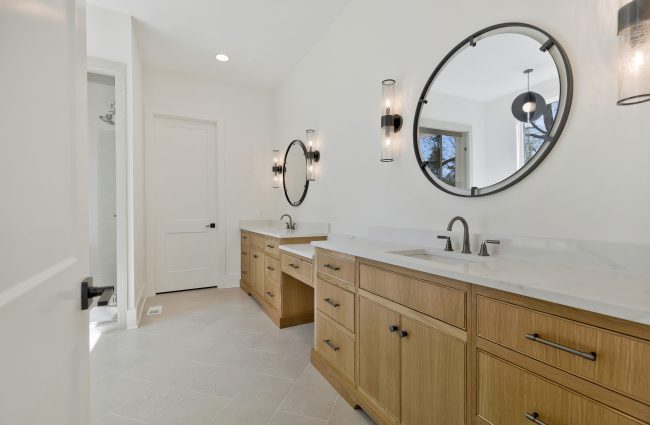 Primary Bathroom with Stained Cabinets by Christina Morris Design Primary Bathroom with Stained Cabinets