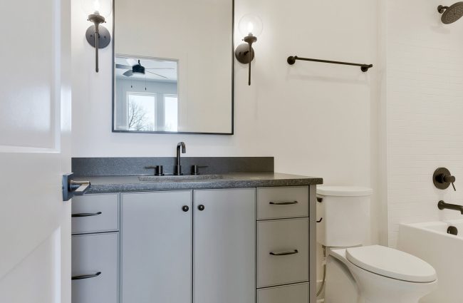 Bathroom with Plaid Pattern Tile Floor by Christina Morris Design Bathroom with Plaid Pattern Tile Floor