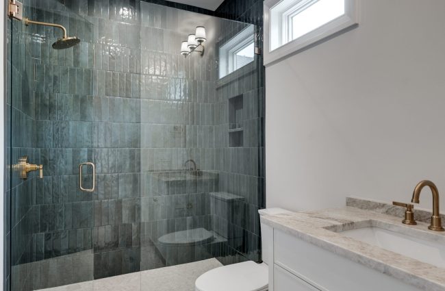 1214 Jefferson Davis Drive Nashville, TN Secondary Bath | Interiors by Christina Morris Design, Home Built by McKenzie Construction, Lighting and Plumbing from Ferguson Home, Tile from GIO Tile Distributors, Countertops from MC Granite Nashville, Cabinets by Thomas Lain Cabinetry 1214 Jefferson Davis Drive Secondary Bath by Christina Morris Design